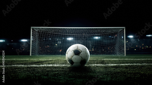 A soccer ball is positioned at the penalty spot in front of the goal net on a dimly lit field  ready for a game under the stadium lights at night.
