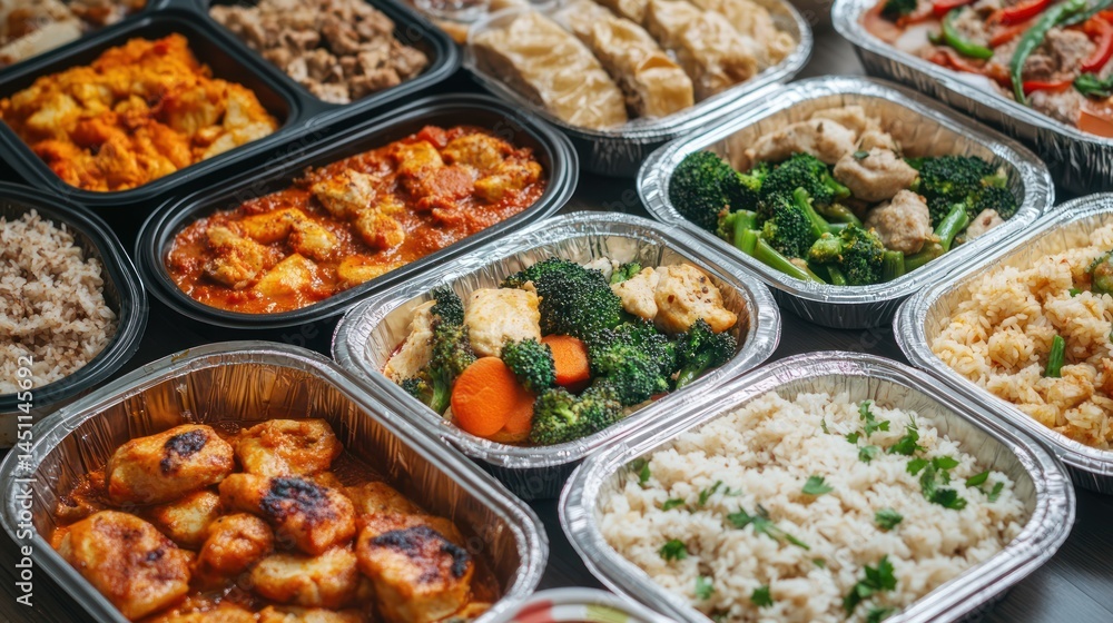 Various prepared meals in takeout containers on a table. Various prepared meals in takeout containers on a table.