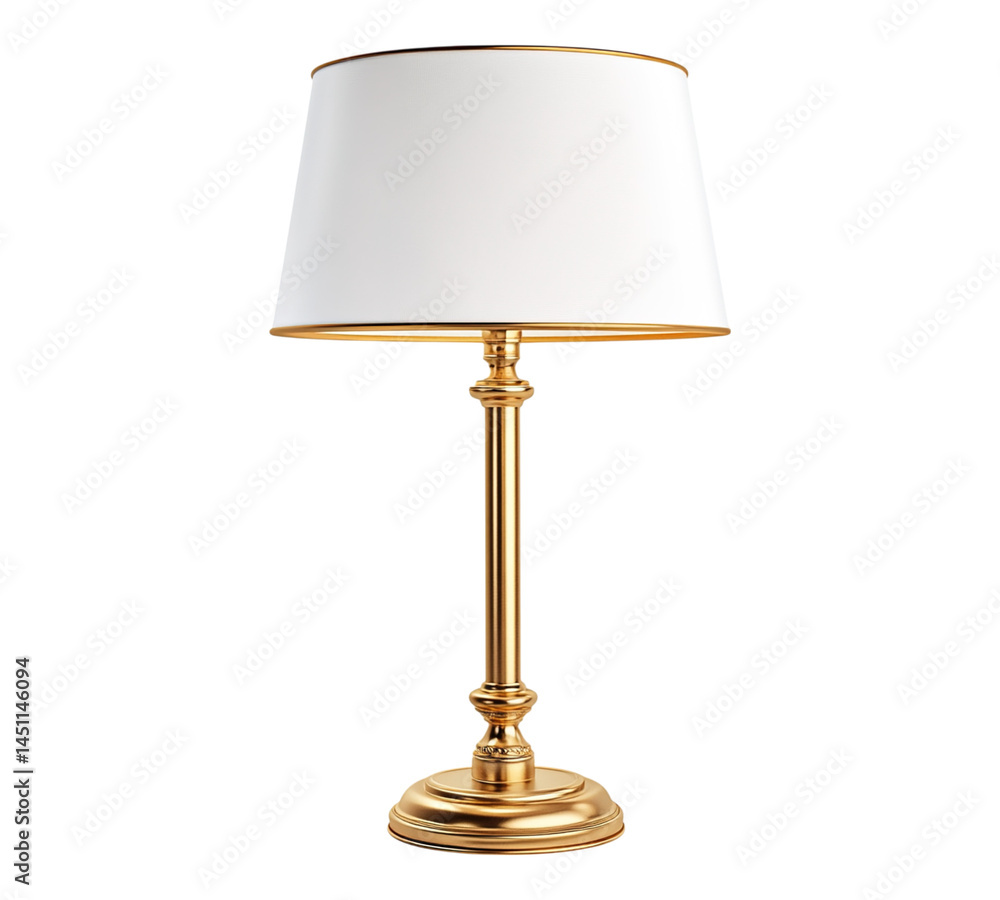 A gold lamp shade with a white shade sits on a white background A gold lamp shade with a white shade sits on a white background