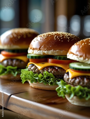 Wallpaper Mural Juicy cheeseburgers lined up with fresh lettuce, tomato, cucumber, and melted cheese in sesame seed buns on a wooden table, perfect for fast food, BBQ, or casual dining themes

 Torontodigital.ca