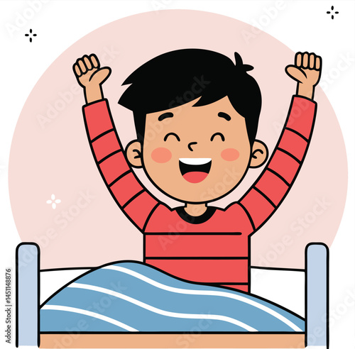 Animated Asian boy smiles brightly while stretching in bed with arms raised upwards