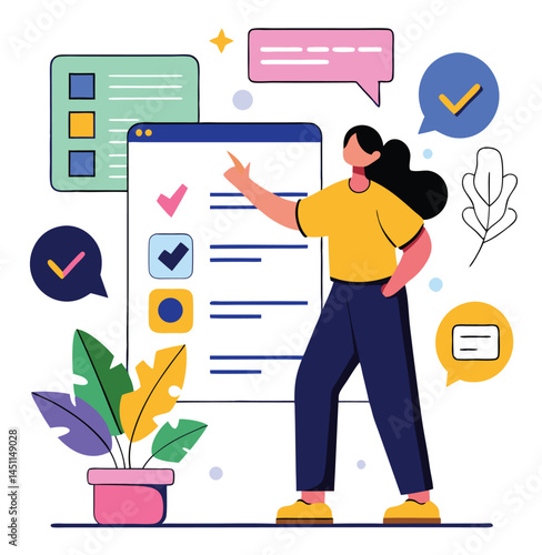 Dark haired woman in yellow shirt points to checklist item transparent background