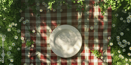 Overhead view of a picnic blanket with daisies and an empty plate in a grassy garden setting