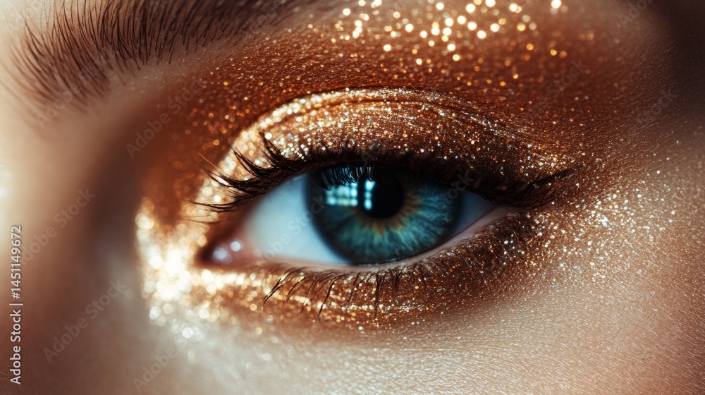 Gold and copper eyeshadows with glitter, highlighting sparkles generative ai Gold and copper eyeshadows with glitter, highlighting sparkles generative ai