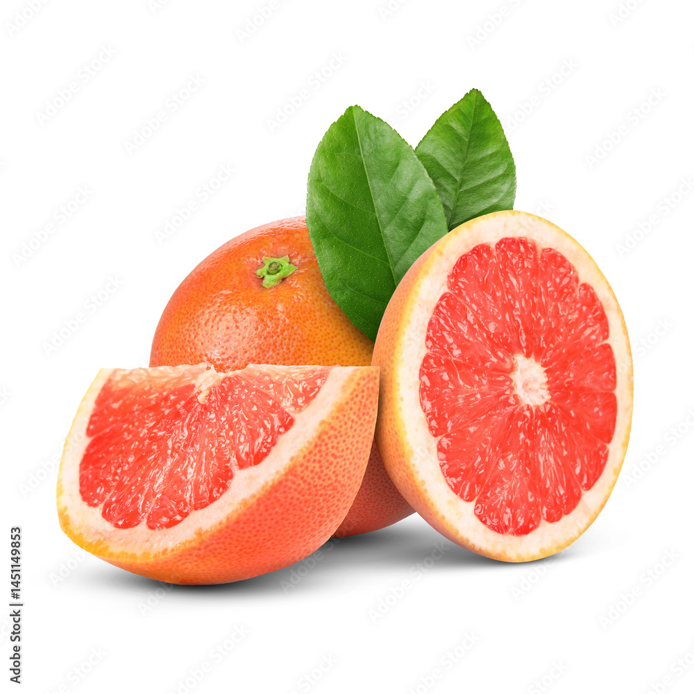 Fresh grapefruits and green leaves on white background. Citrus fruit Fresh grapefruits and green leaves on white background. Citrus fruit