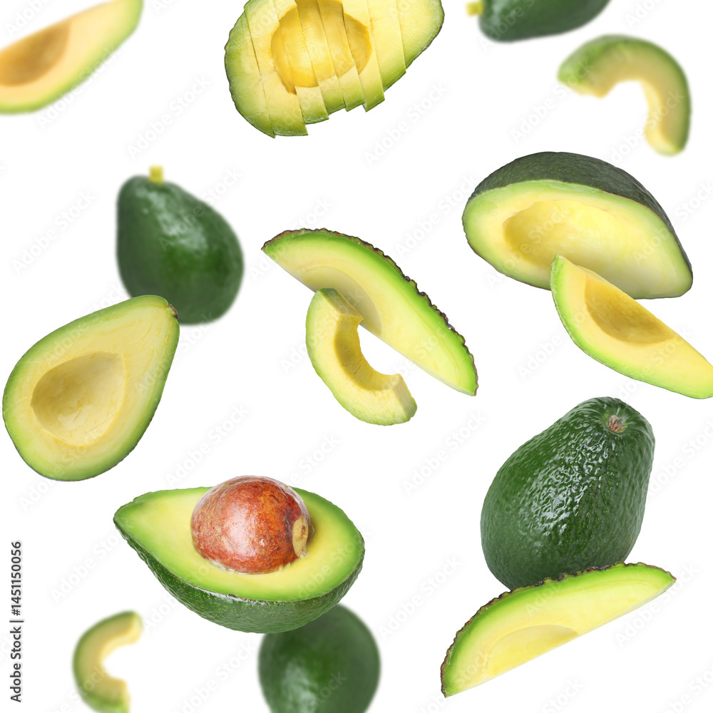 Fresh avocado fruits falling on white background Fresh avocado fruits falling on white background