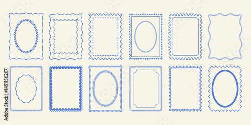 A set of vintage hand-drawn frames. Monochrome linear borders ideal for stamps, greeting cards, marine themes, or decorative elements. Vector doodle design.