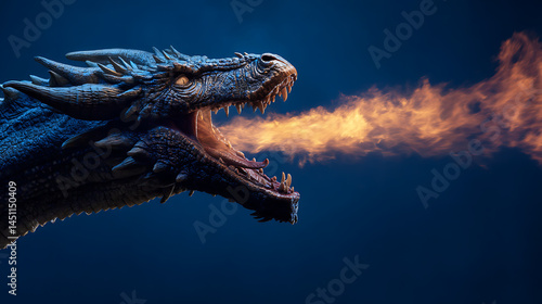 Majestic dragon breathing fire against a dark blue background, showcasing its fierce expression
