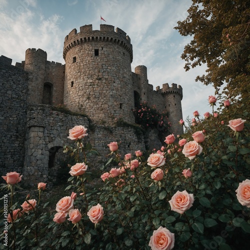 A castle with roses growing up its stone walls.