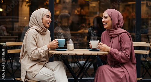 Wallpaper Mural Two Muslim Women Enjoying Coffee at a Cozy Outdoor Cafe Torontodigital.ca