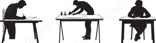Silhouette of People Working at Tables Drawing Designing and Writing Concept Illustration