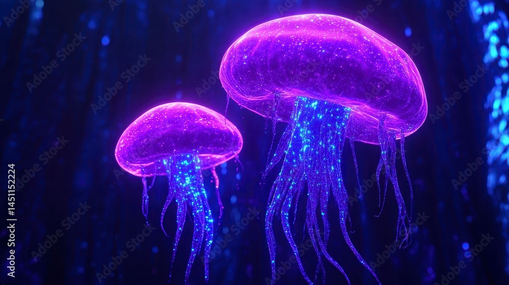Vibrant, glowing jellyfish illuminated in a mystical underwater setting, showcasing bioluminescent colors and ethereal beauty Vibrant, glowing jellyfish illuminated in a mystical underwater setting, showcasing bioluminescent colors and ethereal beauty