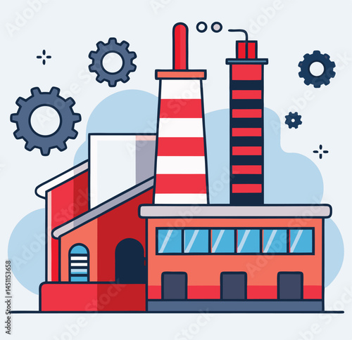 Red building shows striped chimneys and gear wheels over a simple light blue backdrop