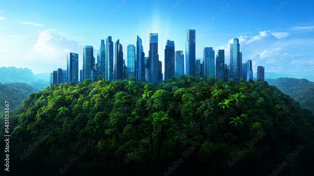 Fototapeta premium A breathtaking skyline emerges from lush greenery, showcasing a vibrant harmony between nature and modern architecture