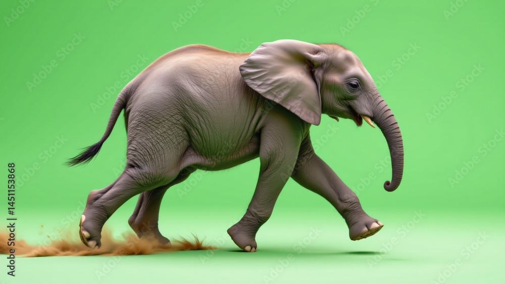Fototapeta premium Running elephant in vibrant green studio animal photography dynamic motion playful environment close-up view wildlife concept for seo visibility