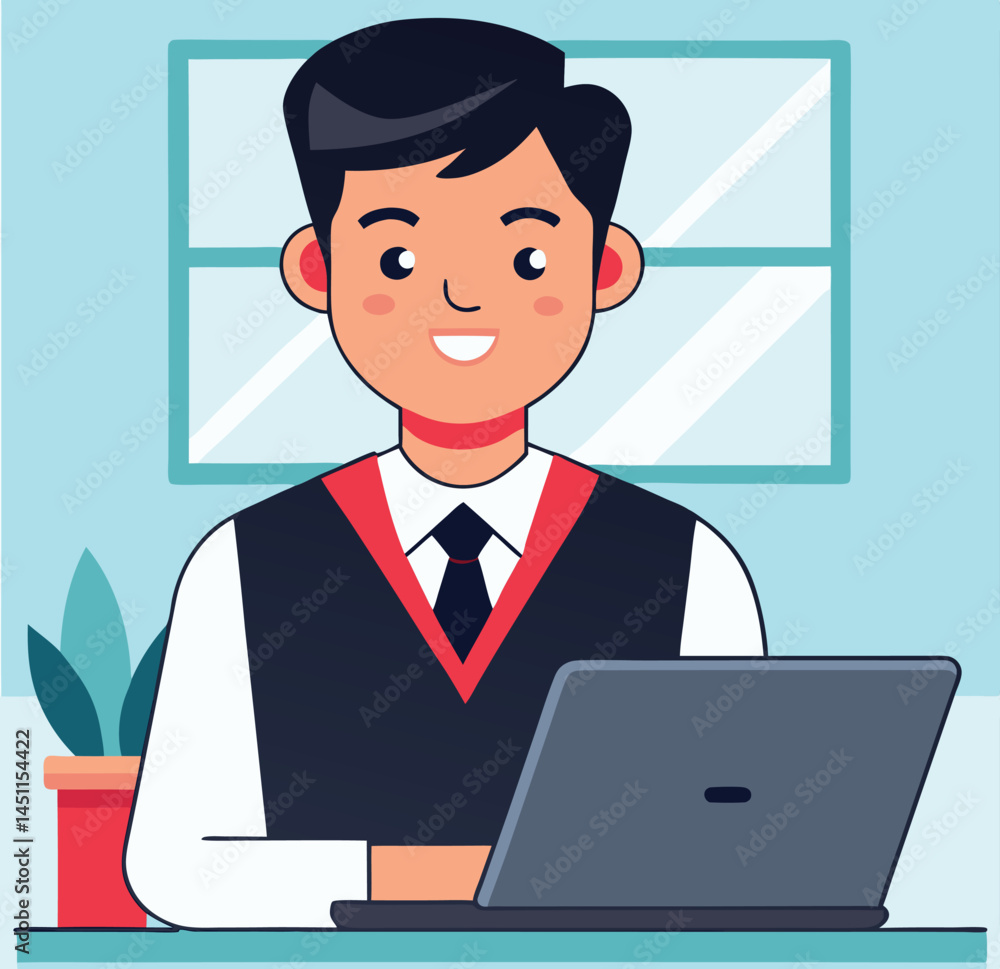 Smiling young businessman using a laptop in a bright room, showing focus and determination Smiling young businessman using a laptop in a bright room, showing focus and determination