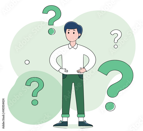 Fairskinned man considers complex problems surrounded by question marks with a transparent background