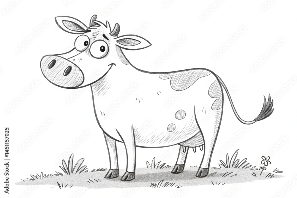 Obraz premium a cow in simple black and white line drawing, in a style similar to the quirky and whimsical illustrations. The composition is simple, with only one subject in the center - generated by ai