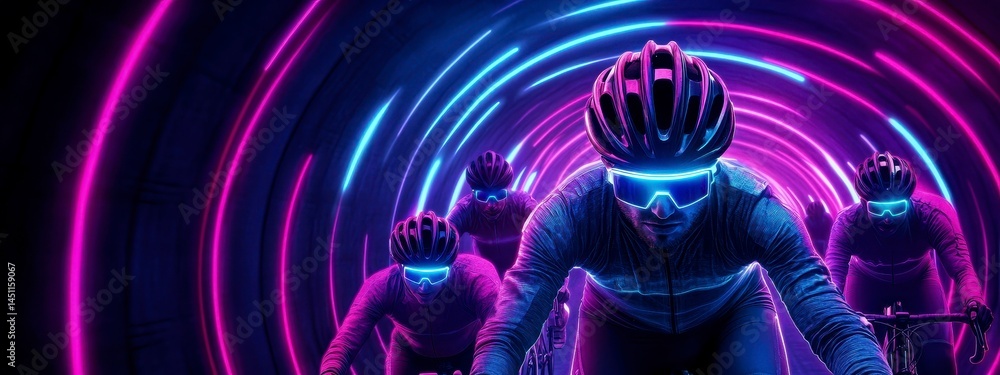 Cyclists racing through a neon-lit tunnel, showcasing a futuristic and dynamic environment that emphasizes speed and energy. Cyclists racing through a neon-lit tunnel, showcasing a futuristic and dynamic environment that emphasizes speed and energy.