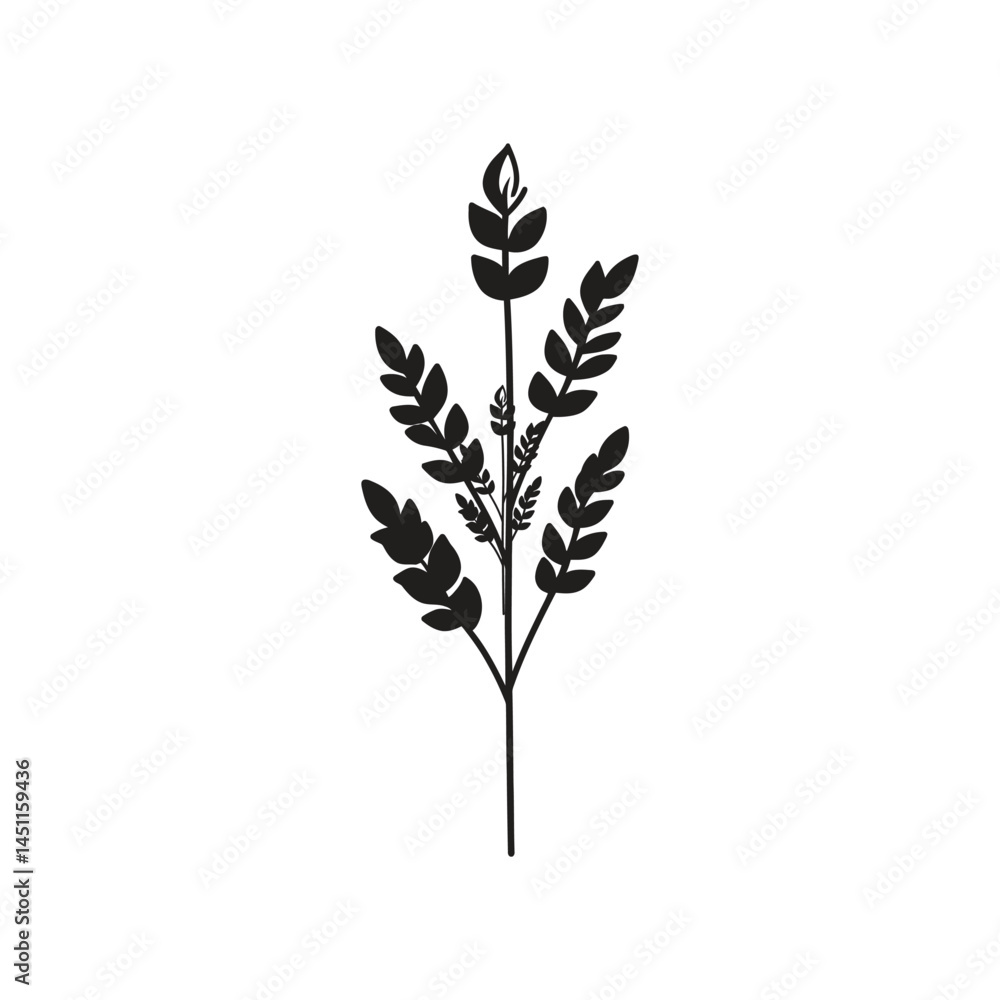 Simple Black Leafy Branch on Transparent Background, Minimalist Design Simple Black Leafy Branch on Transparent Background, Minimalist Design