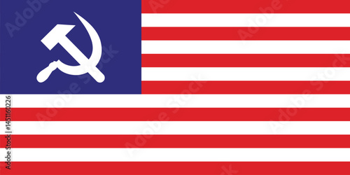 An USA flag with a Russian hammer and sickle on Soviet and American Symbols.