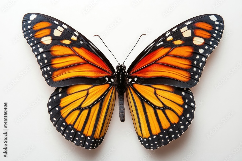 Naklejka premium A vibrant monarch butterfly with striking orange, black, and white patterned wings, showcasing its intricate details against a plain white background.