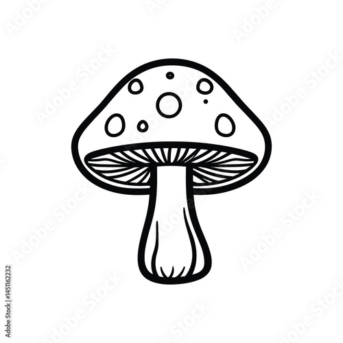 Simple Cartoon Mushroom with Spots, Outline Style on Transparent Background