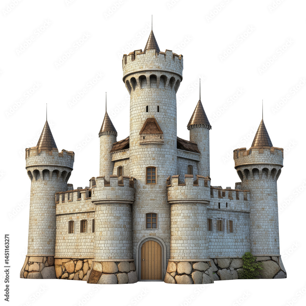 Fototapeta premium A stunning, majestic stone castle with several towers, and a wooden door. It stands tall and proud