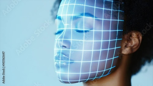 Digital face scan overlay on a woman's face