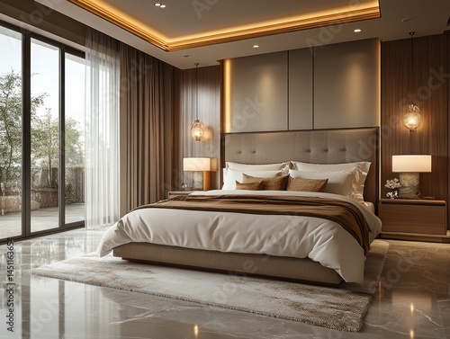 Luxurious modern bedroom suite overlooking balcony