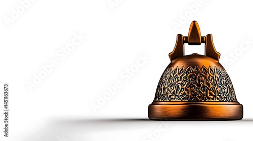 Ornate bronze bell with intricate designs casting a shadow on a white background
