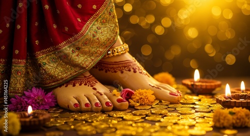 Elegant Indian Festive Celebration with Saree, Gold Coins, and Lit Oil Lamps