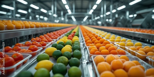 Fresh citrus fruits and tomatoes on automated conveyor belts in a modern food processing facility, showcasing industrial fruit sorting, packaging, and quality control
