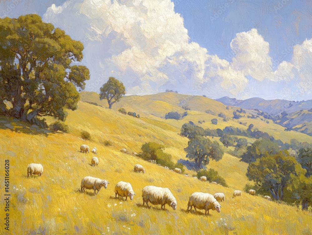 Obraz premium Sheep grazing in a sun-drenched meadow, rolling hills and scattered trees in the background