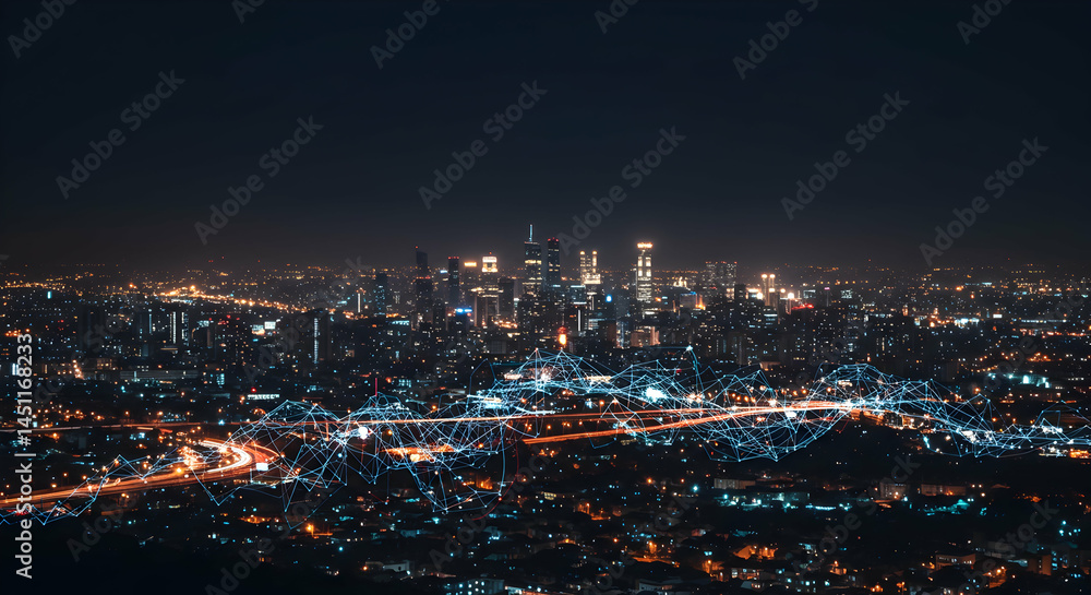 Night Cityscape with Light Trails and Digital Overlay in Urban Setting Night Cityscape with Light Trails and Digital Overlay in Urban Setting