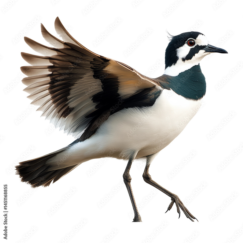 Fototapeta premium A Lapwing bird in full stride, showcasing its unique plumage and dynamic pose. Its wings are outstretched, suggesting movement and grace