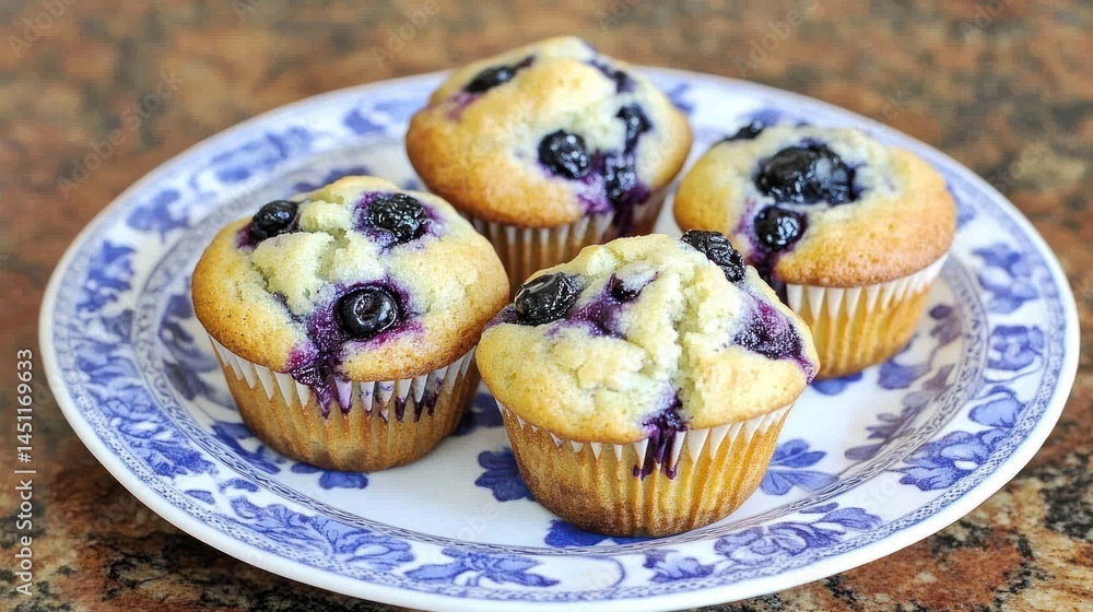 Delightful blueberry muffins on a patterned plate: baked goods close-up Delightful blueberry muffins on a patterned plate: baked goods close-up