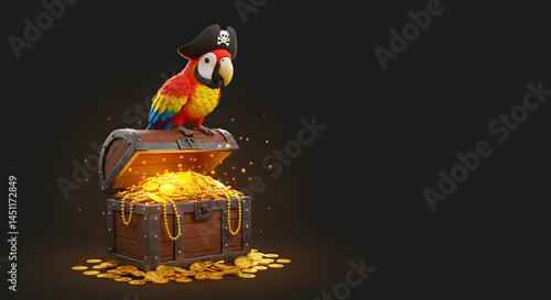 Colorful Parrot on Pirate Treasure Chest with Gold Coins Display