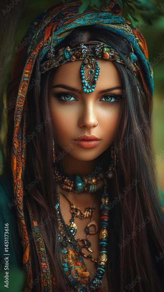 Close-up portrait of a beautiful woman with striking blue eyes wea vibrant traditional bohemian jewelry and ornate headscarf in natural outdoor setting Close-up portrait of a beautiful woman with striking blue eyes wea vibrant traditional bohemian jewelry and ornate headscarf in natural outdoor setting
