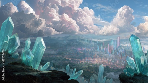 A breathtaking view of a fantasy landscape featuring towering, vibrant crystals in various shades of blue and emerald. The foreground showcases sparkling crystal formations protruding from rocky terra
