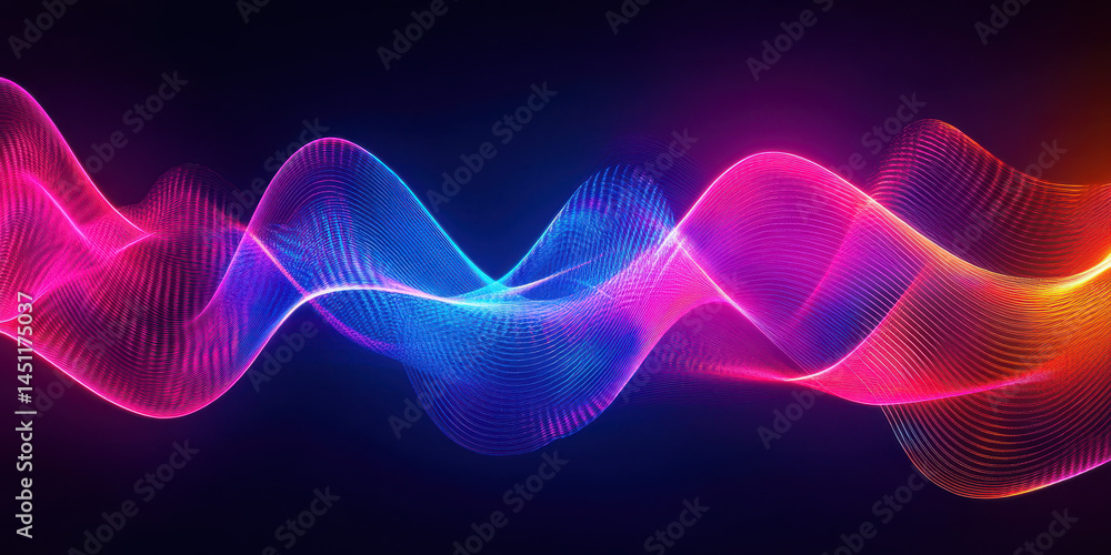 Fototapeta premium Vibrant colorful wave patterns flowing across dark background with glowing lines creating dynamic abstract digital art for modern technology and futuristic design