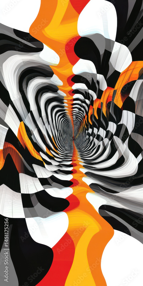 Obraz premium Abstract optical illusion tunnel with swirling black white orange patterns creating a sense of depth and movement in a visually captivating digital art composition