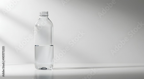 Water Bottle with Half Full Clear Liquid on Minimalist White Background