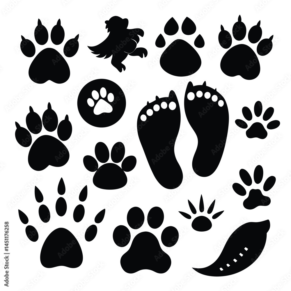 Fototapeta premium Generate a collection of black footprints representing various animal species.