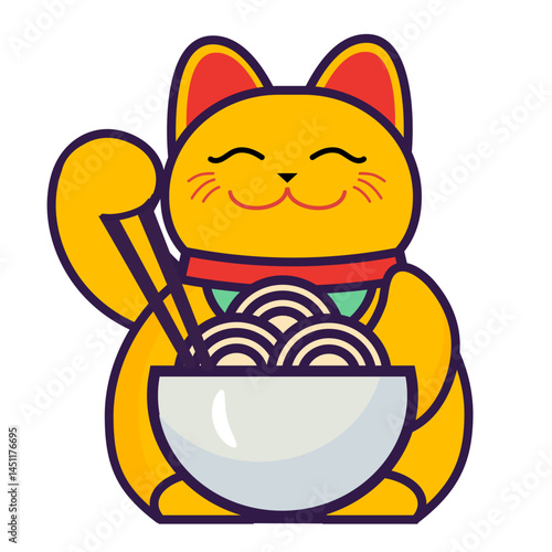 yellow lucky cat with noodle vector illustration