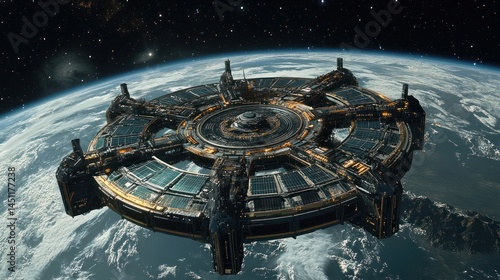 Fototapeta Naklejka Na Ścianę i Meble -  Orbital Space Station Above Earth