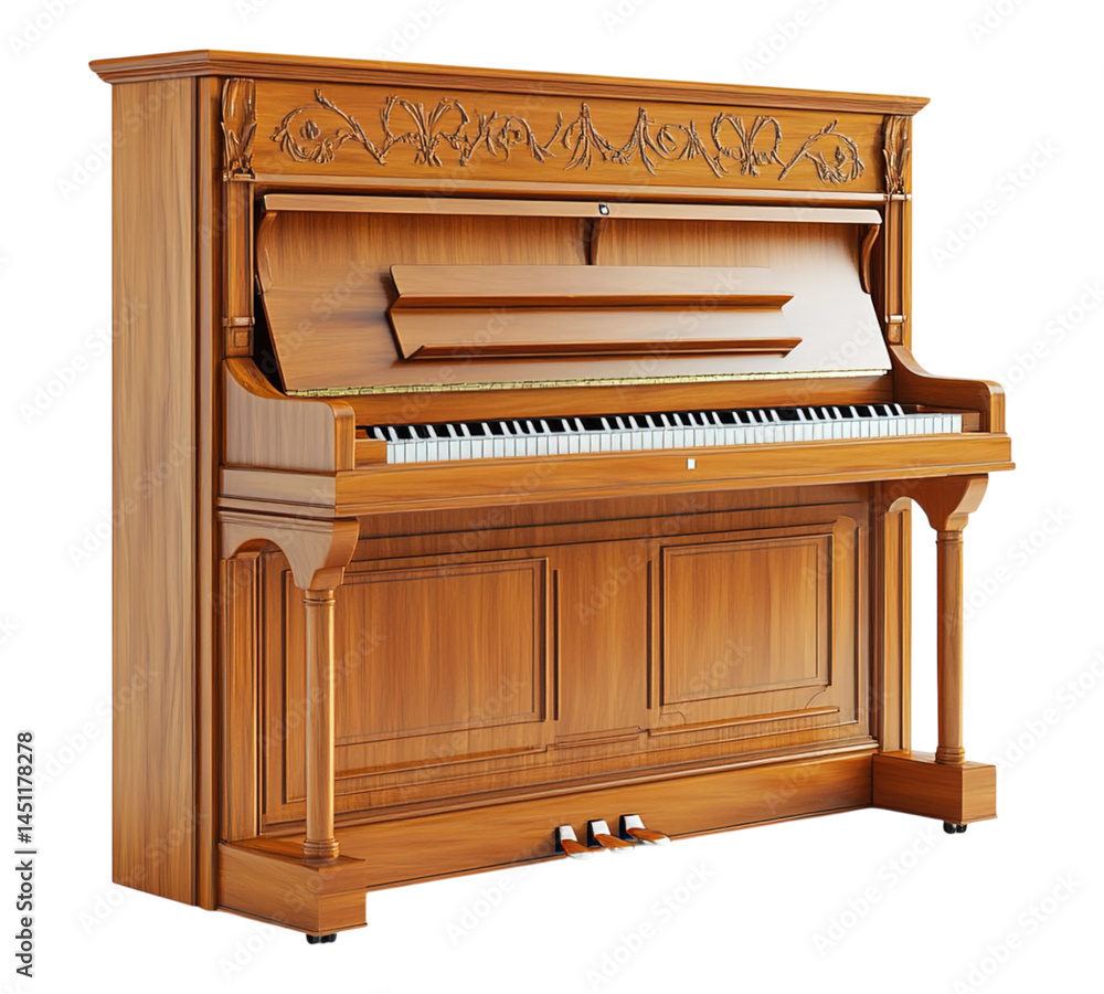 A wooden piano with a black keyboard and white keys A wooden piano with a black keyboard and white keys
