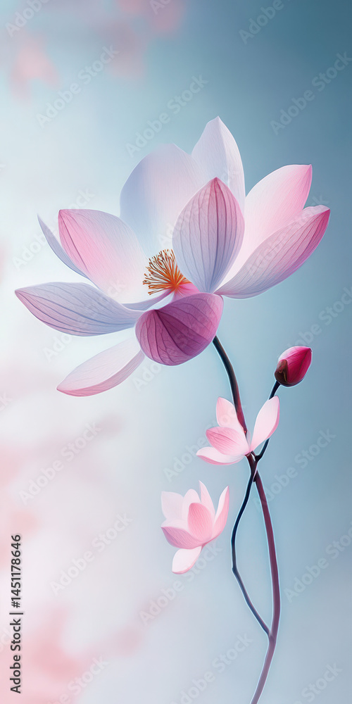 Naklejka premium Beautiful pink and white lotus flower blooming with delicate petals and vibrant yellow stamen against soft sky background, symbolizing purity and serenity