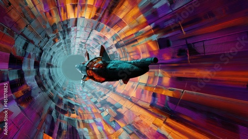A futuristic spaceship traveling through a vibrant, colorful tunnel filled with abstract patterns and bright hues of orange, purple, and teal. The image captures the essence of motion and speed as the
