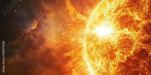 Magnificent and detailed view of a luminous fiery sun emitting intense heat and radiant energy into space with vibrant orange and yellow flames surrounding the bright core
